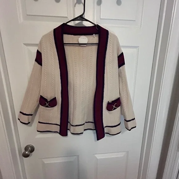 Sandro Paris Wool Cable Knit Cardigan Sweater Small Cream Burgundy - Picture 1 of 10
